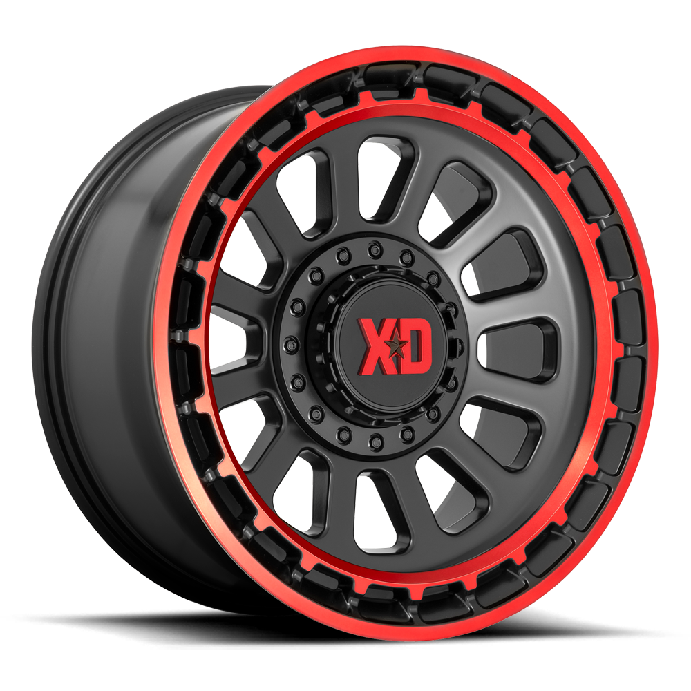 XD Omega 20X10 8x180 SATIN BLACK MACH LIP RED TINT wheel